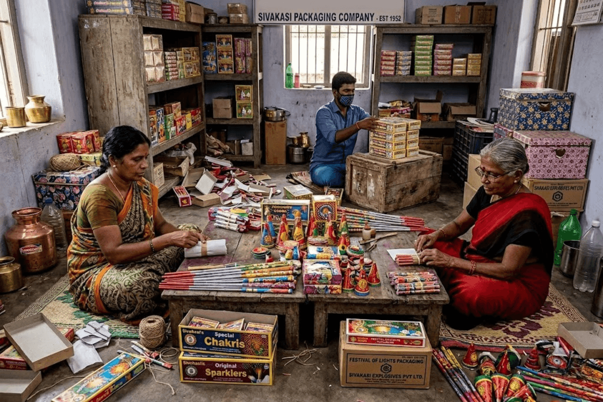 Bijili Crackers quality assurance — PESO certified Sivakasi fireworks being inspected